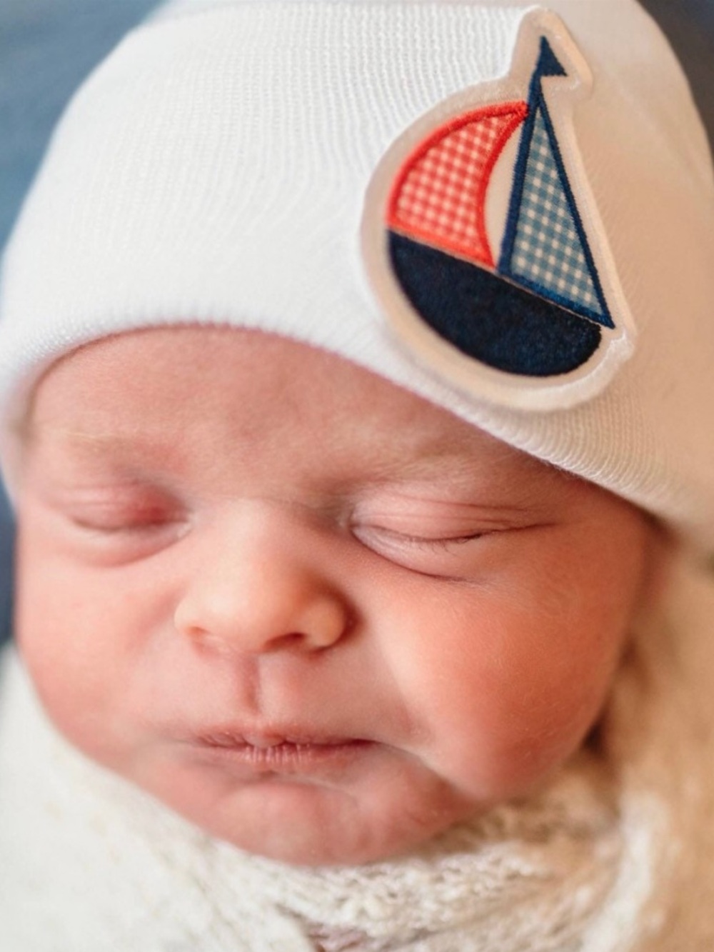 White Baby Beanie with Red and Blue Sailboat Patch - Kids Accessories